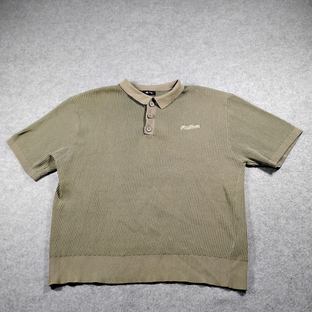 Malbon Golf Men's Olive Khaki Script Logo Ribbed Acrylic Knit Polo Shirt XL